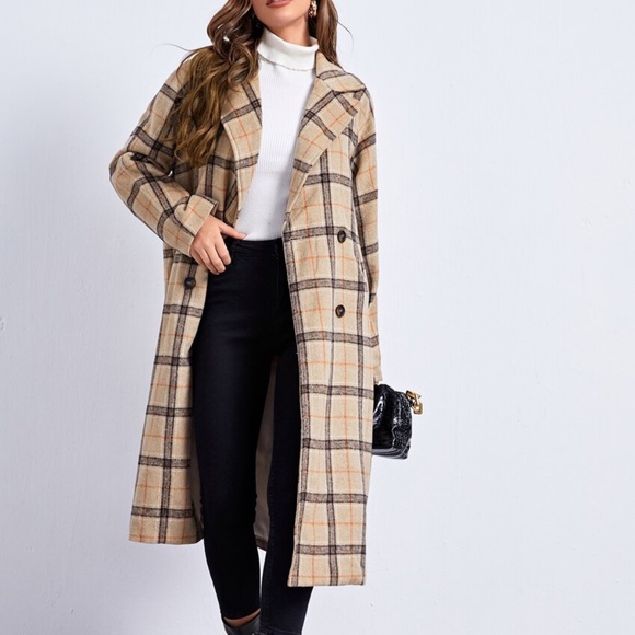 Jackets & Blazers - beige plaid button pocket fall trench pea coat